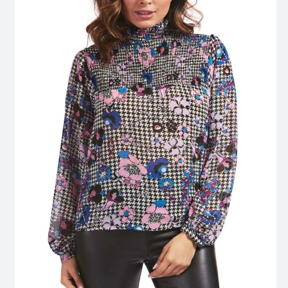 Guess | Floral Fantasy Houndstooth Print High Neck Blouse Pink Blue | Medium - Picture 1 of 12